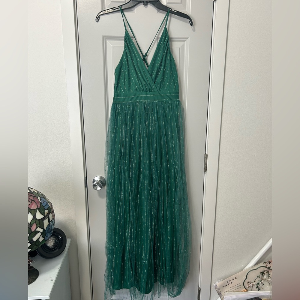 Sollinarry green with gold flecks long flowy dress